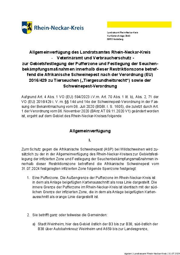 Allgemeinverfügung zur Gebietsfestlegung der Pufferzone und Festlegung der Seuchenbekämpfungsmaßnahmen innerhalb dieser Restriktionszone betreffend die Afrikanische Schweinepest nach der Verordnung (EU) 2016/429 zu Tierseuchen pdf-preview
