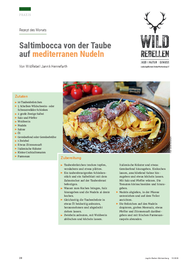 Rezept: Saltimbocca von der Taube auf mediterranen Nudeln pdf-preview