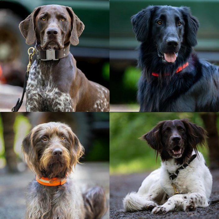 Vier Hunde posieren in Nahaufnahme im Freien. Der erste trägt ein Halsband, der zweite hechelt, der dritte schaut aufmerksam, und der vierte liegt auf dem Boden.