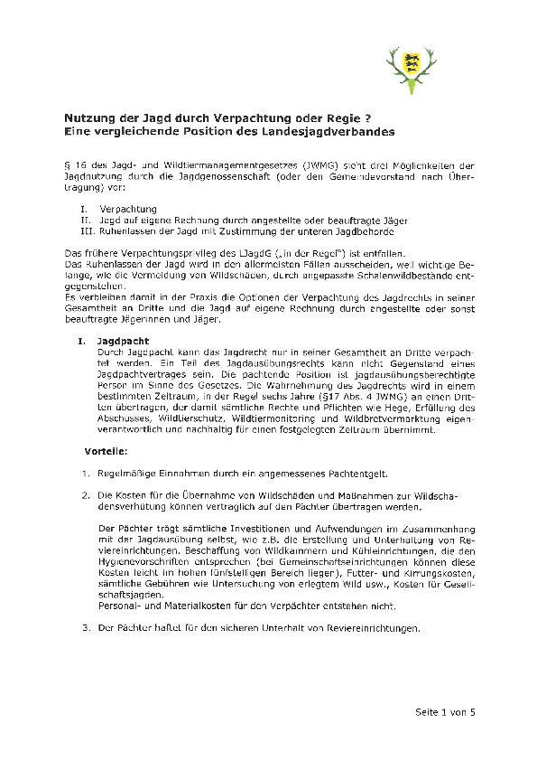 LJV-Positionspapier: Verpachtung oder Regiejagd? pdf-preview